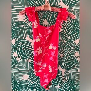 Maaji girls flounced sleeved one piece swimsuit vibrant pink & floral print sz12